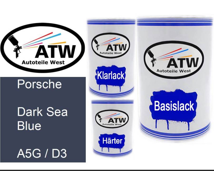 Porsche, Dark Sea Blue, A5G / D3: 500ml Lackdose + 500ml Klarlack + 250ml Härter - Set, von ATW Autoteile West.
